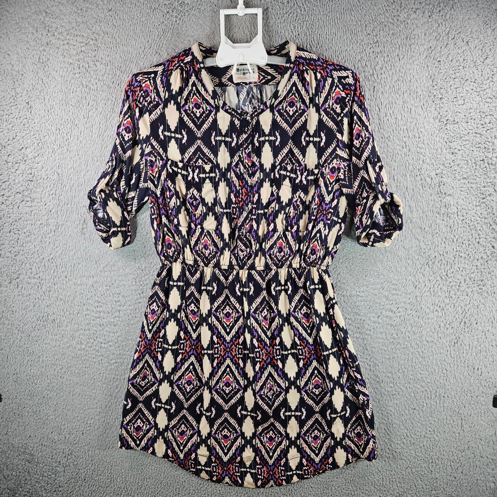 Holding Horses Anthropologie Ikat Tribal Print Rayon Dress Navy Tan‎ Size 8 Mini